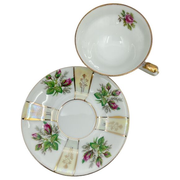 Vintage Pink Rose Tea Cup and Saucer 3 Footed Geometric‎ Lusterware Gold Trim - Picture 9 of 9